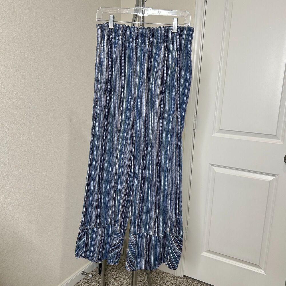Free People Pant Womens Small Blue Days End Stripe Cotton Wide Leg Beach Boho